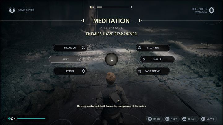 Podczas korzystania z punktu medytacji, gracze mogą wejść w zakładkę umiejętności, aby móc zdobyć wyższy poziom - a co za tym idzie - uzyskać dostęp do nowych ulepszeń - Star Wars Jedi Survivor: Czy można zresetować punkty umiejętności? - Star Wars Jedi Survivor - poradnik do gry