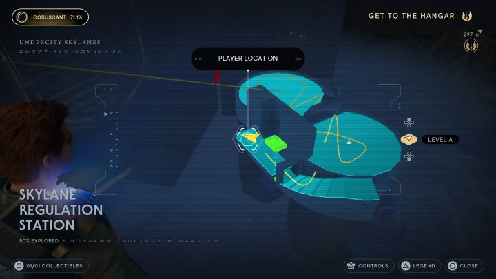 Po dotarciu do punktu medytacji w tej dzielnicy wybierzcie schody do dolnego pomieszczenia - Jedi Survivor: Stacja kontroli lotpasów z planety Coruscant - lista sekretów - Star Wars Jedi Survivor - poradnik do gry