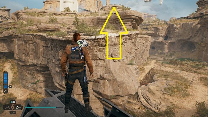 Z wyżej omówionego wraku możecie przeskoczyć na wzniesienie w pobliżu - Jedi Survivor: Nieokiełznane Zbocza - lista sekretów (część 1) - Star Wars Jedi Survivor - poradnik do gry