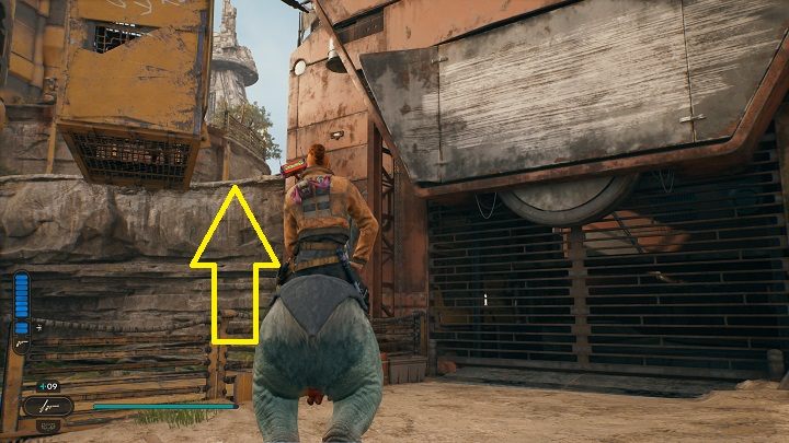 Wróćcie na grzbiet Nekko i stańcie naprzeciwko zamkniętej bramy dużego budynku w pobliżu - Jedi Survivor: Grzbiet Żniwiarzy - lista sekretów - Star Wars Jedi Survivor - poradnik do gry