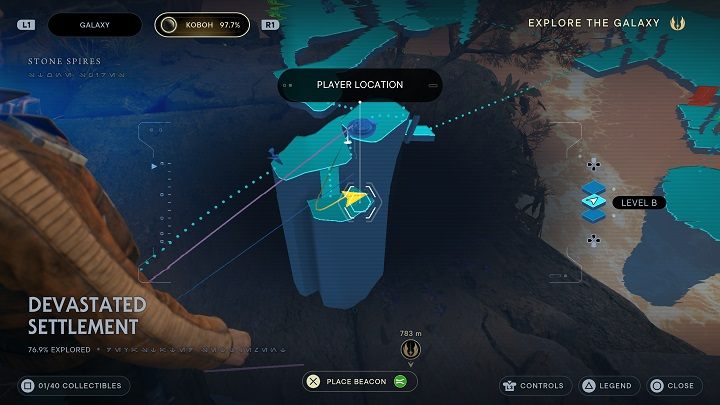 Zeskoczcie na półkę po lewej od miejsca medytacji, a przy krawędzi znajdziecie roślinę z nasionami - Jedi Survivor: Zniszczona Osada na planecie Koboh (część 1) - Star Wars Jedi Survivor - poradnik do gry