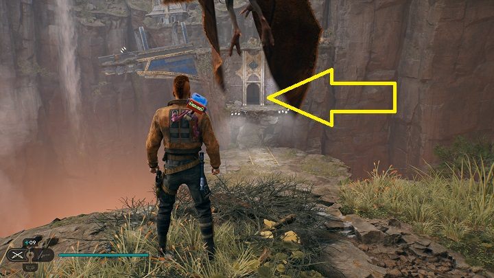 Złapcie się latającego stworzenia i lećcie w stronę półki z przejściem widocznej w oddali - Jedi Survivor: Zniszczona Osada na planecie Koboh (część 1) - Star Wars Jedi Survivor - poradnik do gry