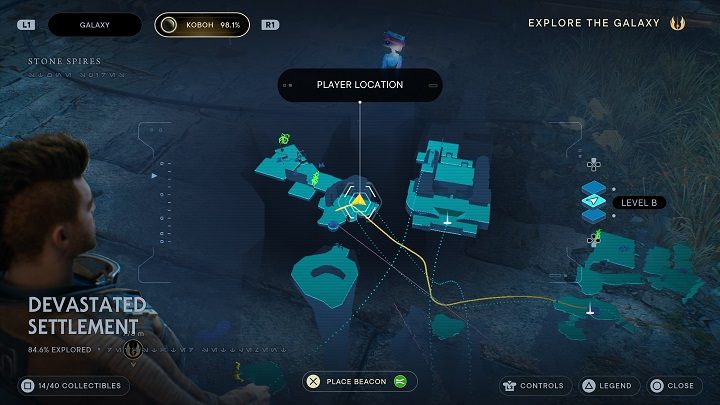 Wróćcie do miejsca medytacji (z pomocą ptaka przy zniszczonym moście na poziomie wyżej), by tam ponownie skorzystać z pomocy latającego stworzenia - Jedi Survivor: Zniszczona Osada na planecie Koboh (część 1) - Star Wars Jedi Survivor - poradnik do gry