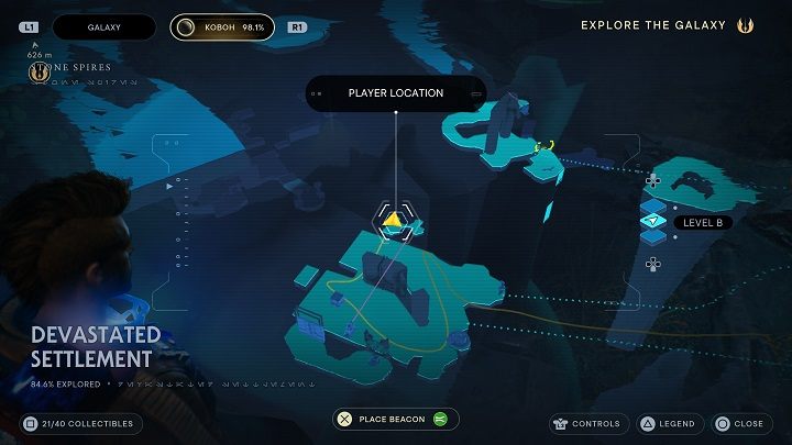 Zeskoczcie na dół i skierujcie się do szczeliny po lewej - Jedi Survivor: Zniszczona Osada na planecie Koboh (część 1) - Star Wars Jedi Survivor - poradnik do gry