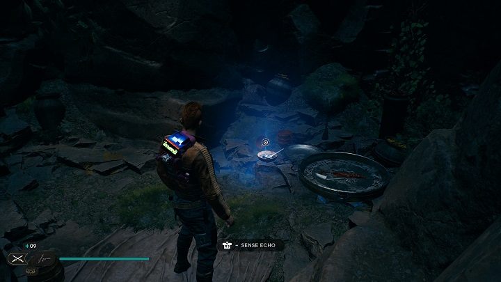 Na prawo od esencji jest echo z wpisem do bazy danych - Jedi Survivor: Zniszczona Osada na planecie Koboh (część 1) - Star Wars Jedi Survivor - poradnik do gry