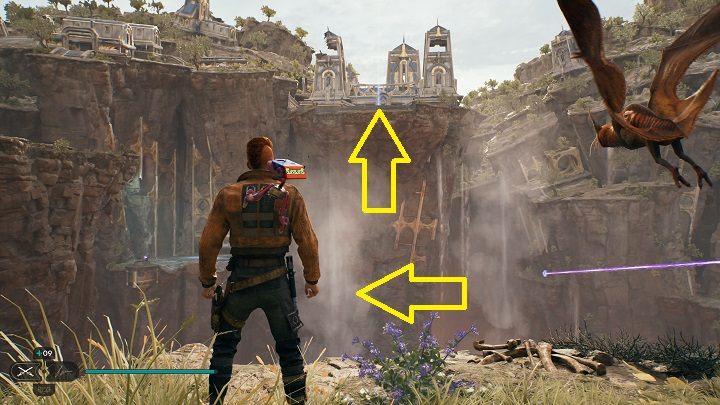 Zapcie się latającego stworzenia i skierujcie na wyziew po lewej, aby dolecieć na wysoką półkę z drugim miejscem medytacji - Jedi Survivor: Zniszczona Osada - lista sekretów (część 2) - Star Wars Jedi Survivor - poradnik do gry