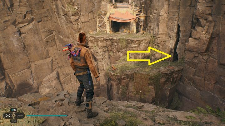 Przy jednej z krawędzi będziecie mogli dostrzec pnącza w oddali, do których możecie się dostać korzystać z linki z hakiem - Jedi Survivor: Zniszczona Osada - lista sekretów (część 2) - Star Wars Jedi Survivor - poradnik do gry