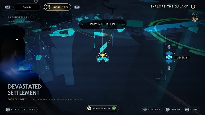 Po wspięciu się na górę odbijcie od razu w prawo do szczeliny, która zaprowadzi Was do ciemnej jaskini - Jedi Survivor: Zniszczona Osada - lista sekretów (część 2) - Star Wars Jedi Survivor - poradnik do gry