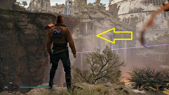 Wracajcie na zewnątrz i złapcie się latającego stworzenia, aby polecieć w kierunku, w który skierowana jest wiązka laserowa ze wzmacniacza kul - Jedi Survivor: Zniszczona Osada - lista sekretów (część 2) - Star Wars Jedi Survivor - poradnik do gry