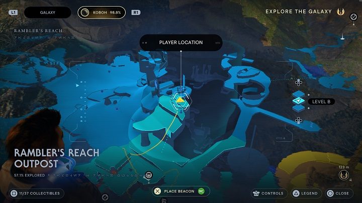 Niedaleko, na wprost są pnącza, do których możecie dostać się z użyciem linki z hakiem - Jedi Survivor: Placówka Azyl Wędrowca - lista sekretów (część 1) - Star Wars Jedi Survivor - poradnik do gry