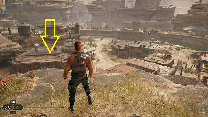 Udajcie się do latającego zwierzaka niedaleko i z jego pomocą przelećcie na wskazane powyżej dachy - Jedi Survivor: Placówka Azyl Wędrowca - lista sekretów (część 1) - Star Wars Jedi Survivor - poradnik do gry