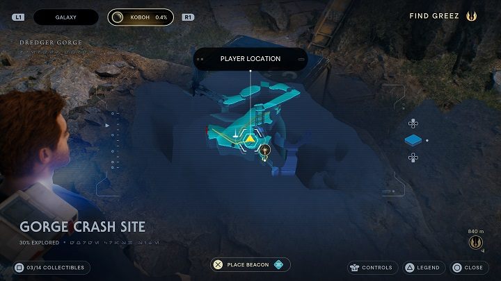 Następnie pozostaje wrócić się do punktu medytacji i tam w okolicy odnaleźć, a następnie wskoczyć na półkę umiejscowioną niemal naprzeciwko windy - Jedi Survivor: Miejsce katastrofy w Przekopie - lista sekretów - Star Wars Jedi Survivor - poradnik do gry