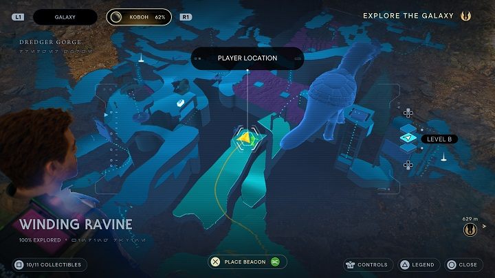 Przedostańcie się na drugą platformę przeskakując nad przepaścią i pójdźcie ścieżką w dół - Jedi Survivor: Kręty Wąwóz - lista sekretów - Star Wars Jedi Survivor - poradnik do gry