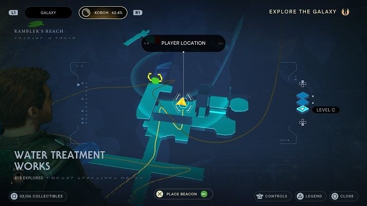 Podczas zwiedzania następnego obszaru, który jest dostępny z pierwszego włazu traficie na pierwszą w Oczyszczalni bazę danych - zbiornik do zeskanowania kryje się w rogu pomieszczenia wskazanego na mapie - Jedi Survivor: Oczyszczalnia - lista sekretów - Star Wars Jedi Survivor - poradnik do gry