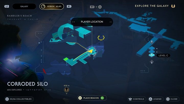 Nieco dalej traficie na barierę do zniszczenia, za którą znajduje się pojemnik, na którym użyć trzeba umiejętności Uderzenie (Slam) - Jedi Survivor: Skorodowany Silos - lista sekretów - Star Wars Jedi Survivor - poradnik do gry