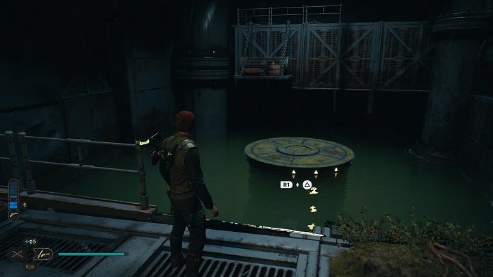 Po wydostaniu się na powierzchnię, skorzystajcie z pnączy, a następnie z użyciem Podnoszenia (Lift) podnieście widoczną na wodzie platformę - Jedi Survivor: Zalany Bunkier - lista sekretów - Star Wars Jedi Survivor - poradnik do gry