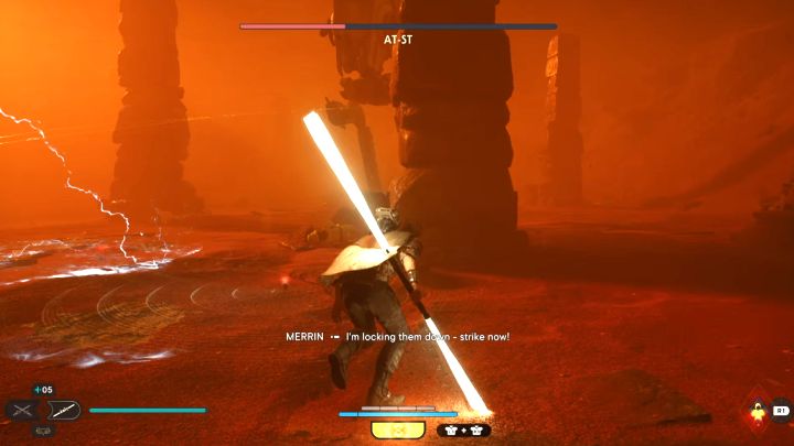 Unikajcie pułapek, które rozrzucane są przez maszynę - Jedi Survivor: Jak pokonać bossa AT-ST? - Star Wars Jedi Survivor - poradnik do gry