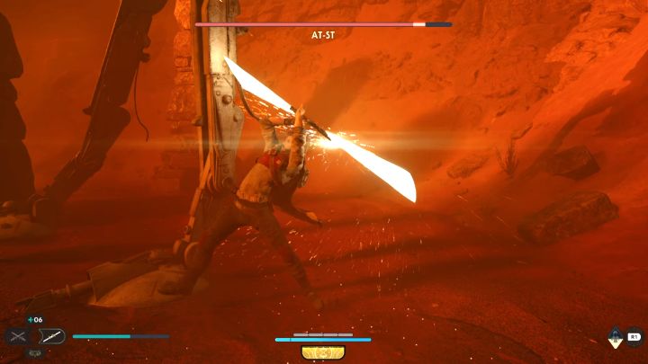 Dążcie do atakowania dolnych kończyn AT-ST po tym jak zbliżycie się do wrogiej maszyny - Jedi Survivor: Jak pokonać bossa AT-ST? - Star Wars Jedi Survivor - poradnik do gry