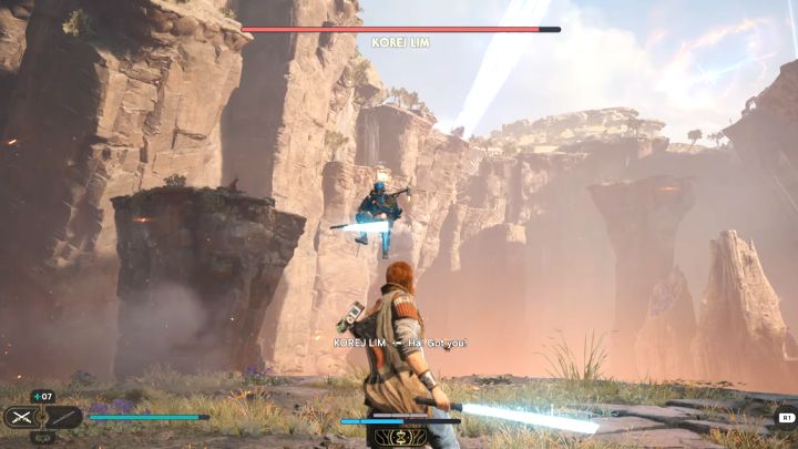 Boss korzysta z plecaka odrzutowego i może latać nad areną - Jedi Survivor: Jak pokonać bossa Korej Lim? - Star Wars Jedi Survivor - poradnik do gry