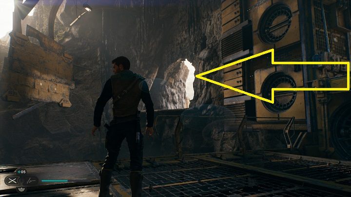 W następnym pomieszczeniu po użyciu BD-1 do hakowania znajdziecie minę, którą będziecie musieli podprowadzić do ściany, którą można zniszczyć - Jedi Survivor: Opuszczona zapora - lista sekretów, część 3 - Star Wars Jedi Survivor - poradnik do gry