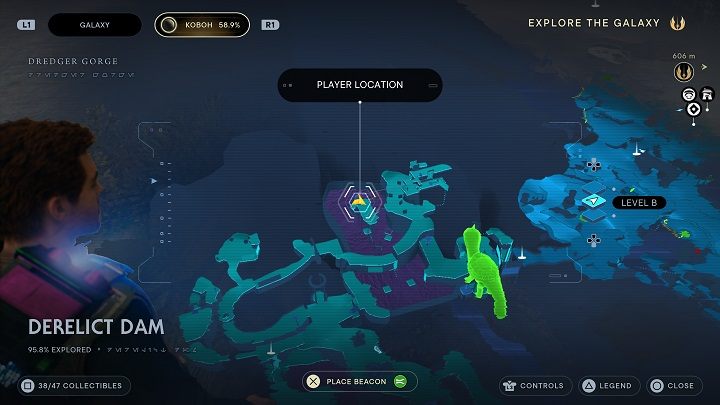 Na platformie, na której znajdowała się wcześniej skrzynia #3 jest kolejny wpis do bazy danych - Jedi Survivor: Opuszczona zapora - lista sekretów, część 3 - Star Wars Jedi Survivor - poradnik do gry