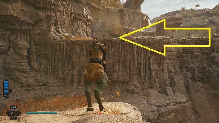 Konieczne będzie dostanie się na wyższą półkę, co uczynicie jedynie z pomocą kręcących się w pobliżu zwierzaków - Jedi Survivor: Opuszczona zapora - lista sekretów, część 3 - Star Wars Jedi Survivor - poradnik do gry