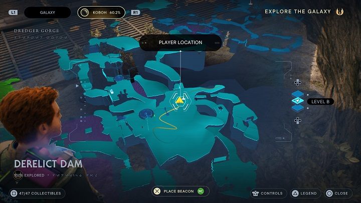 Na prawo od wspomnianej wyżej windy, ale nieco niżej możecie zobaczyć Droida typu Złomiarz - Jedi Survivor: Opuszczona zapora - lista sekretów, część 3 - Star Wars Jedi Survivor - poradnik do gry