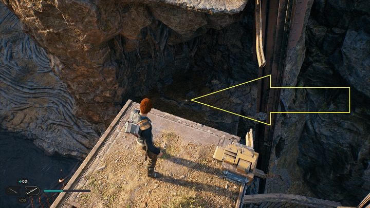 Zanim od ostatniego miejsca przedostaniecie się do miejsca medytacji, ze środkowej części przejścia nad przepaścią zeskoczcie na półkę niżej - Jedi Survivor: Opuszczona zapora - lista sekretów, część 1 - Star Wars Jedi Survivor - poradnik do gry