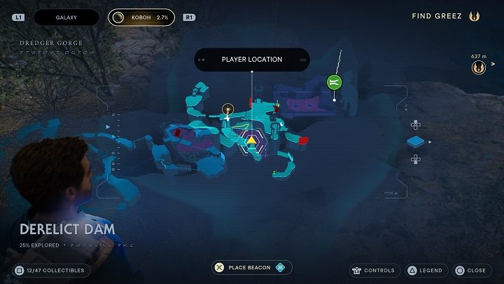 Na drugim brzegu, na wprost od skrzyni z korpusem, znajdziecie zwłoki poszukiwacza - Jedi Survivor: Opuszczona zapora - lista sekretów, część 1 - Star Wars Jedi Survivor - poradnik do gry