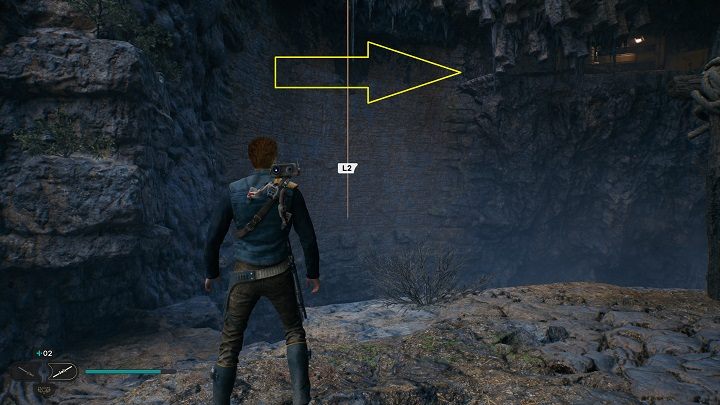 Nad rośliną z poprzedniego podpunktu znajdziecie linę, dzięki której będziecie mogli dostać się na ścianę - Jedi Survivor: Opuszczona zapora - lista sekretów, część 1 - Star Wars Jedi Survivor - poradnik do gry