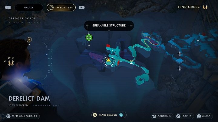 Na prawo od skrzyni z lekkim metalem, obok ściany do zniszczenia, znajdziecie roślinę z nasionami - Jedi Survivor: Opuszczona zapora - lista sekretów, część 1 - Star Wars Jedi Survivor - poradnik do gry