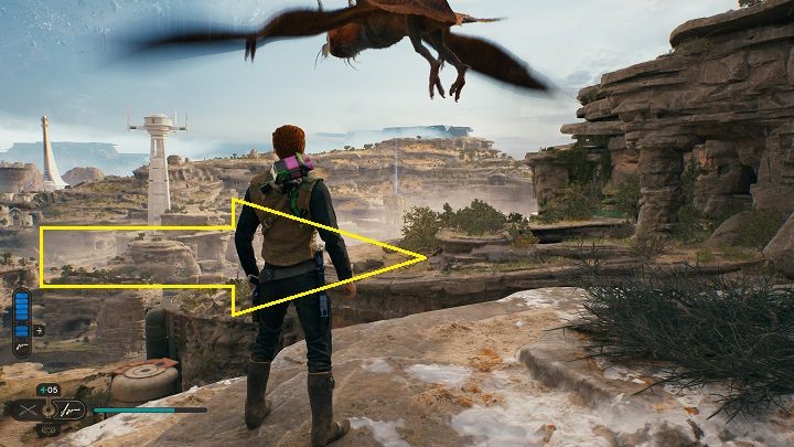 Jeśli odblokowaliście już możliwość oswajania zwierząt, możecie skorzystać z pomocy małego stwora latającego, który zabierze Was w miejsce wskazane na powyższym zrzucie ekranu - Jedi Survivor: Południowy Azyl - lista sekretów, część 2 - Star Wars Jedi Survivor - poradnik do gry