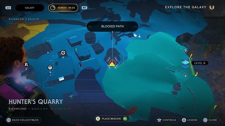 W celu jej zlikwidowania musicie udać się do sąsiadującego obszaru (Kamieniołom Myśliwego), aby tam z mocą Podnoszenia (Lift) otworzyć wejście do jaskini - Jedi Survivor: Południowy Azyl - lista sekretów, część 2 - Star Wars Jedi Survivor - poradnik do gry