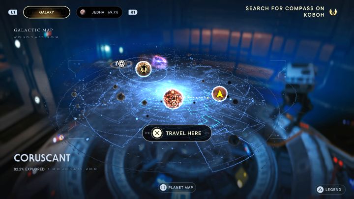 Przy próbie skorzystania z holotablicy na pokładzie Modliszki Coruscant początkowo nie będzie widoczne na mapie galaktyki - Star Wars Jedi Survivor: Jak powrócić na planetę Coruscant? - Star Wars Jedi Survivor - poradnik do gry