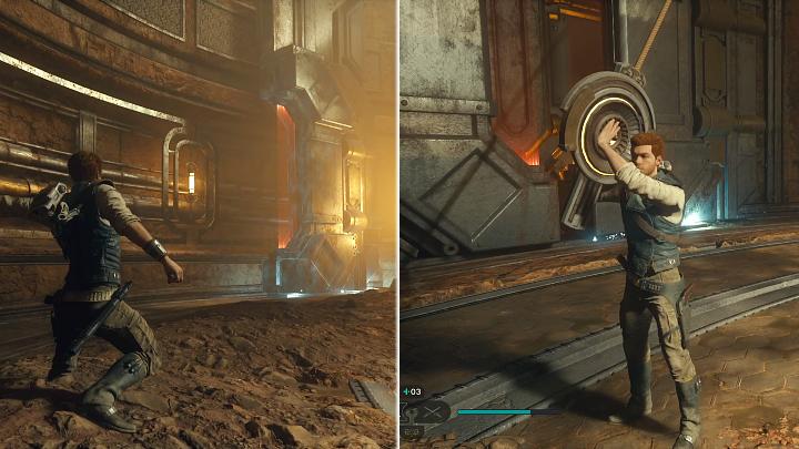 Gdy prawa połowa drzwi będzie znajdować się na końcu toru, użyjcie mocy, aby przyciągnąć ten element do siebie i w tym czasie złapcie mocą linę z prawej strony, aby usunąć z drogi blokadę - Star Wars Jedi Survivor: Odszukaj brata Armiasa (Locate Brother Armias) - Star Wars Jedi Survivor - poradnik do gry