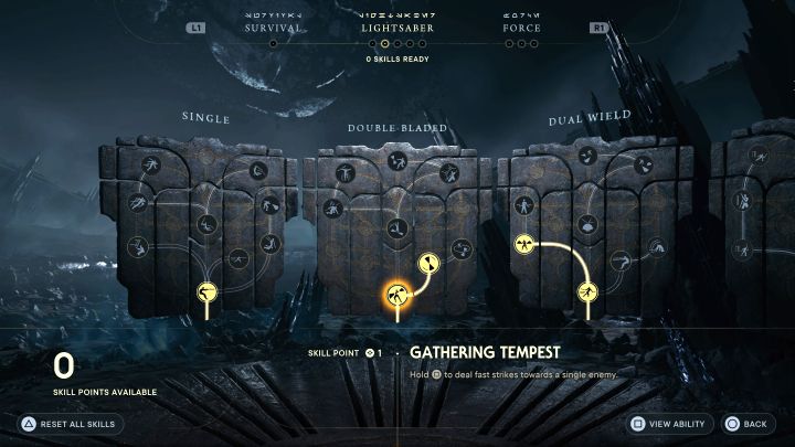 Każda postawa ma swoje osobne drzewko umiejętności i możecie kupować kolejne wydając na nie 1 lub kilka punktów umiejętności - Star Wars Jedi Survivor: Postawy dla walki mieczem świetlnym - Star Wars Jedi Survivor - poradnik do gry