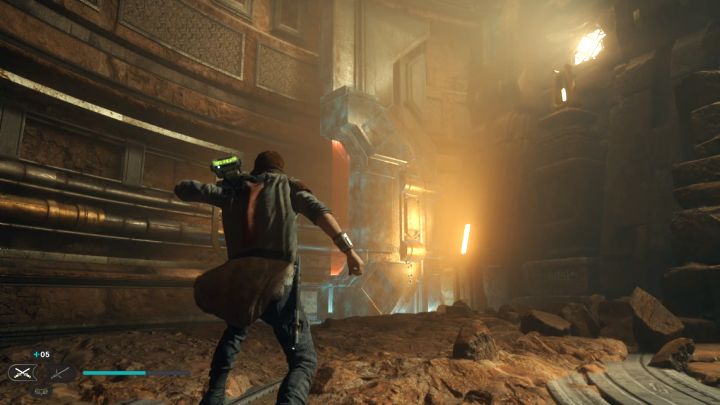 Po prawej stronie znajduje się interaktywny blok w kształcie ) - Jedi Survivor: Zagadka otwarcia bramy w Zakopanym Schronieniu - Star Wars Jedi Survivor - poradnik do gry