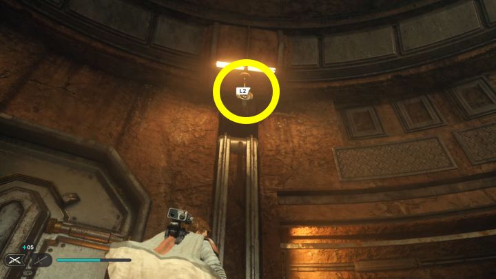 Musicie teraz szybko użyć przyciągnięcia Mocy na prawym obiekcie z linką - pokazuje go obrazek - Jedi Survivor: Zagadka otwarcia bramy w Zakopanym Schronieniu - Star Wars Jedi Survivor - poradnik do gry