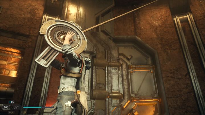 Jeśli poprawnie ciągneliście linkę, to prawy obiekt zatrzyma się przed bramą (powyższy obrazek) - Jedi Survivor: Zagadka otwarcia bramy w Zakopanym Schronieniu - Star Wars Jedi Survivor - poradnik do gry