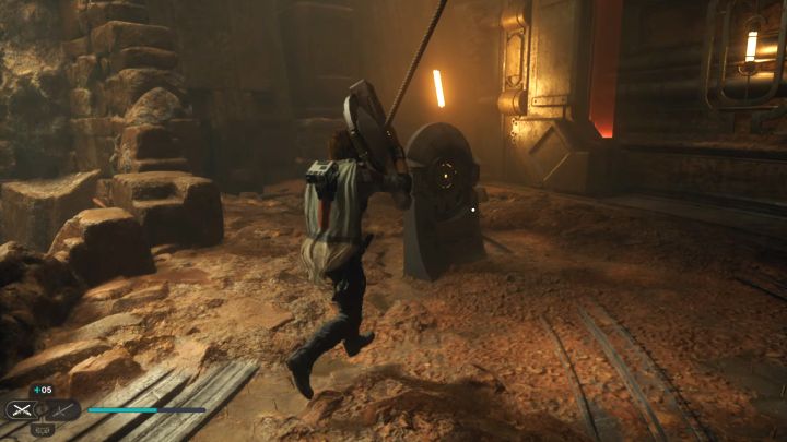 Złapcie teraz lewy obiekt z linką i dotrzyjcie z nim do stanowiska z obrazka - Jedi Survivor: Zagadka otwarcia bramy w Zakopanym Schronieniu - Star Wars Jedi Survivor - poradnik do gry