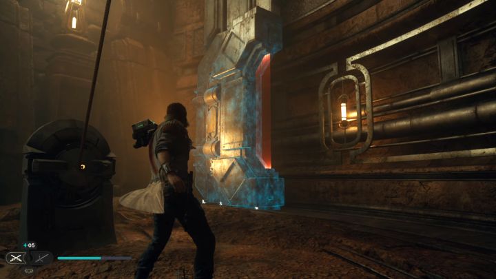 Po lewej stronie znajduje się interaktywny blok w kształcie ( - Jedi Survivor: Zagadka otwarcia bramy w Zakopanym Schronieniu - Star Wars Jedi Survivor - poradnik do gry