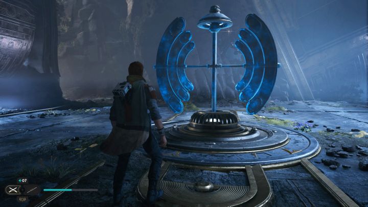 W pierwszej części pomieszczenia użyjcie Mocy na obrotowym mechaniźmie z obrazka - Jedi Survivor: Zagadki ze sprzęgami kul w Zniszczonej osadzie - Star Wars Jedi Survivor - poradnik do gry