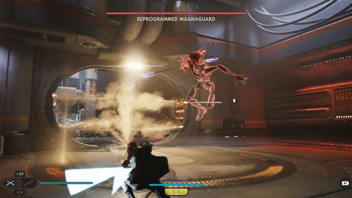 Boss jest bardzo zwinny i szczególnie niebezpieczny jest daleki skok połączony z zaatakowaniem bronią białą - Jedi Survivor: Jak pokonać Reprogrammed Magnaguard w Kuźni automatycznej? - Star Wars Jedi Survivor - poradnik do gry