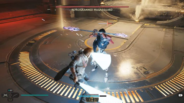 Podobnie jak w wielu innych walkach powinniście dążyć do wyczerpywania paska wytrzymałości droida - Jedi Survivor: Jak pokonać Reprogrammed Magnaguard w Kuźni automatycznej? - Star Wars Jedi Survivor - poradnik do gry