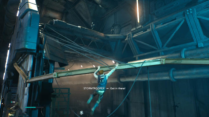 Podskoczcie i złapcie się metalowej belki, a następnie przesuwajcie się w prawo - nie musicie obawiać się strzałów z blasterów oddawanych przez strażników - Star Wars Jedi Survivor: Coruscant - opis przejścia - Star Wars Jedi Survivor - poradnik do gry