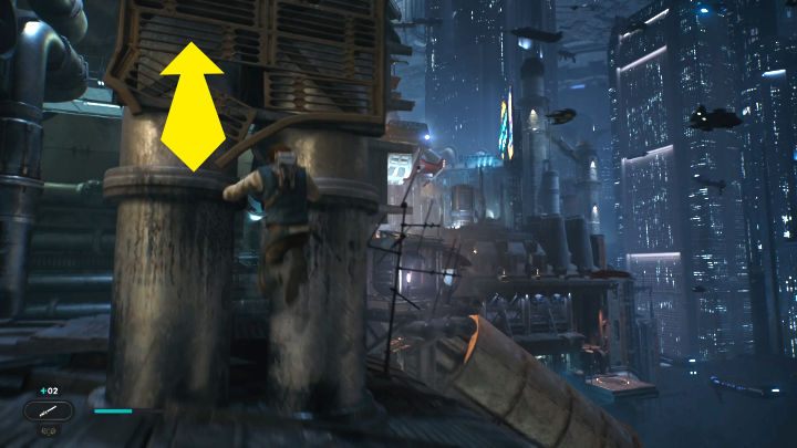 Skręćcie w lewo, wdrapcie się na dach, a następnie podskoczcie, aby złapać się kratek po prawej stronie i wejdźcie wyżej - Star Wars Jedi Survivor: Coruscant - opis przejścia - Star Wars Jedi Survivor - poradnik do gry