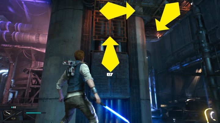 Użyjcie przyciągania mocy, przeskoczcie na kratki i idźcie dalej w prawą stronę - Star Wars Jedi Survivor: Coruscant - opis przejścia - Star Wars Jedi Survivor - poradnik do gry