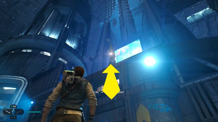 Każcie Bode przeciąć linkę na górze, a następnie wejdźcie po niej na wyższe piętro - Star Wars Jedi Survivor: Coruscant - opis przejścia - Star Wars Jedi Survivor - poradnik do gry