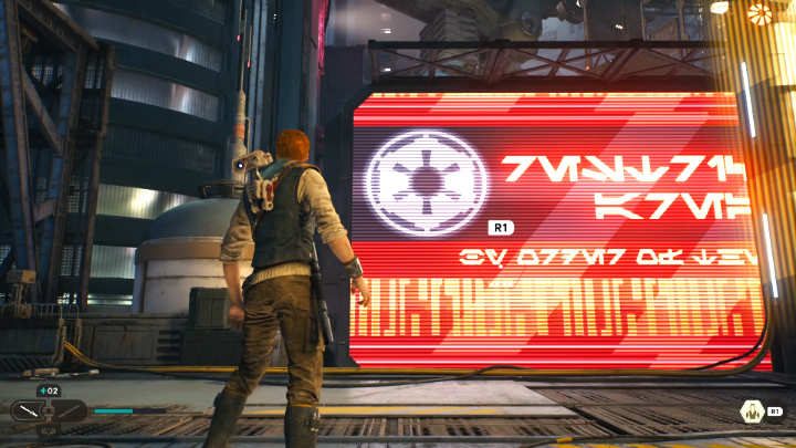 Gdy dotrzecie do ślepej uliczki, niech Bode przesunie dla Was bilbord, po którym będziecie mogli przejść dalej - Star Wars Jedi Survivor: Coruscant - opis przejścia - Star Wars Jedi Survivor - poradnik do gry