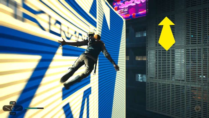 Podskoczcie i złapcie się kratek, aby przejść na kolejny dach, a następnie przebiegnijcie po zakrzywionym bilbordzie - wyskoczcie na końcu, aby złapać się krat - Star Wars Jedi Survivor: Coruscant - opis przejścia - Star Wars Jedi Survivor - poradnik do gry